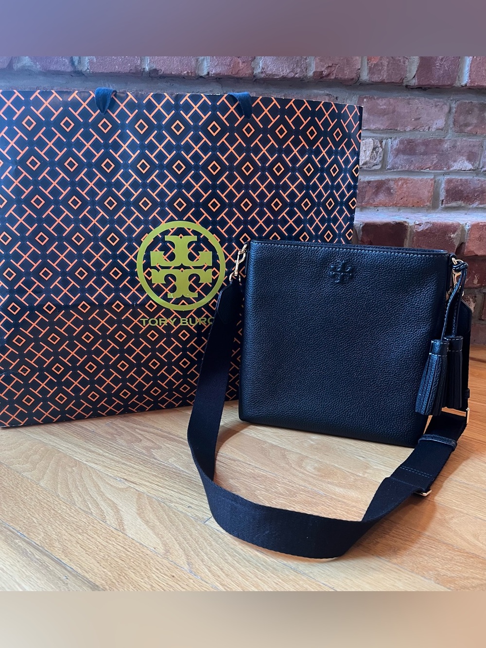 Tory Burch Black Pebbled Leather Thea Swingpack Crossbody Bag